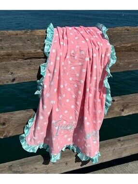 BEACH BUNNY PINK & WHITE POLKA DOT BEACH TOWEL WITH AQUA BLUE RUFFLE SATIN TRIM